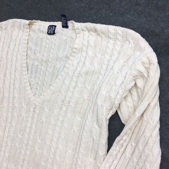 Vintage GAP Sweater Men's L Ivory Cable Knit V Neck Heavy Boxy Hong Kong Aran - Picture 2 of 16